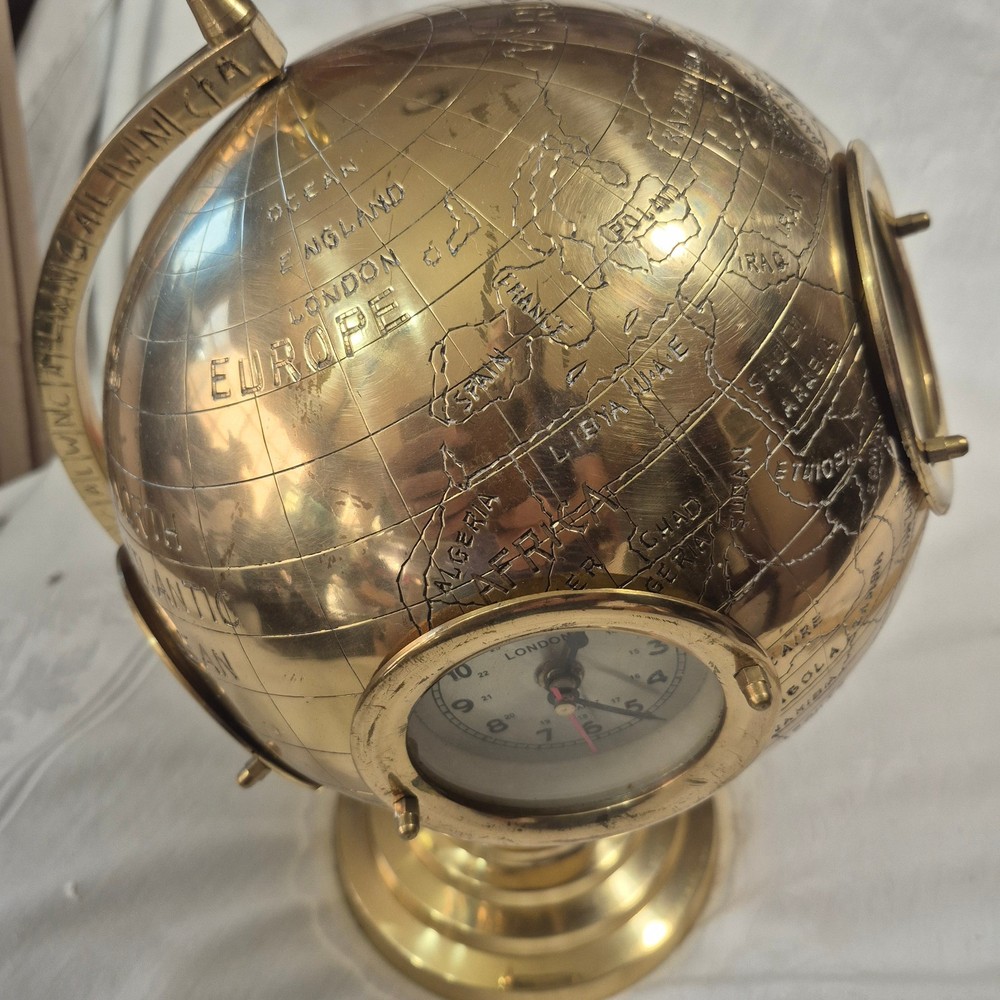 16" BRASS 5 WORLD CLOCKS SPINNING GLOBE