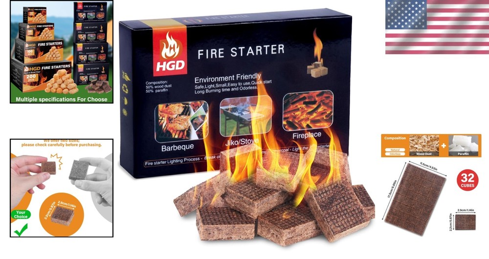 Water-Resistant Mini Fire Starters for Campfires & BBQ Grills - 32 Count