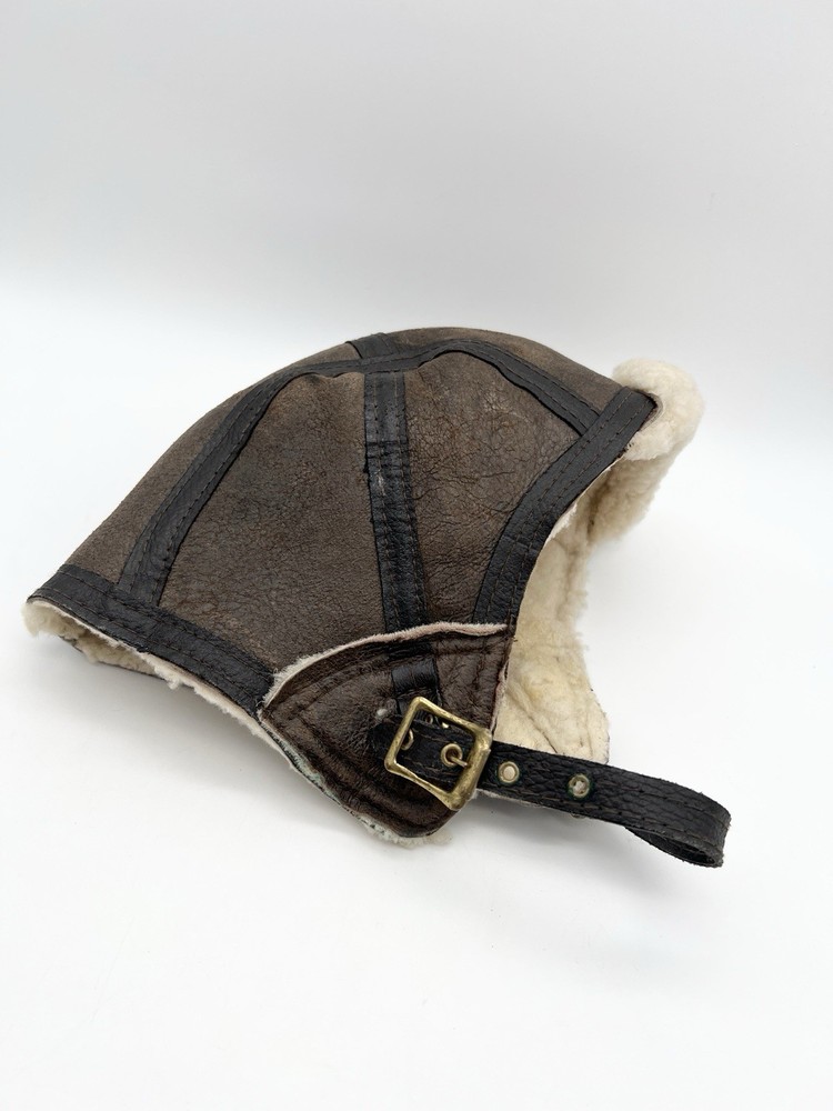 Vintage Shearling Leather Aviator Hat Flight Cap Brown Large Bomber