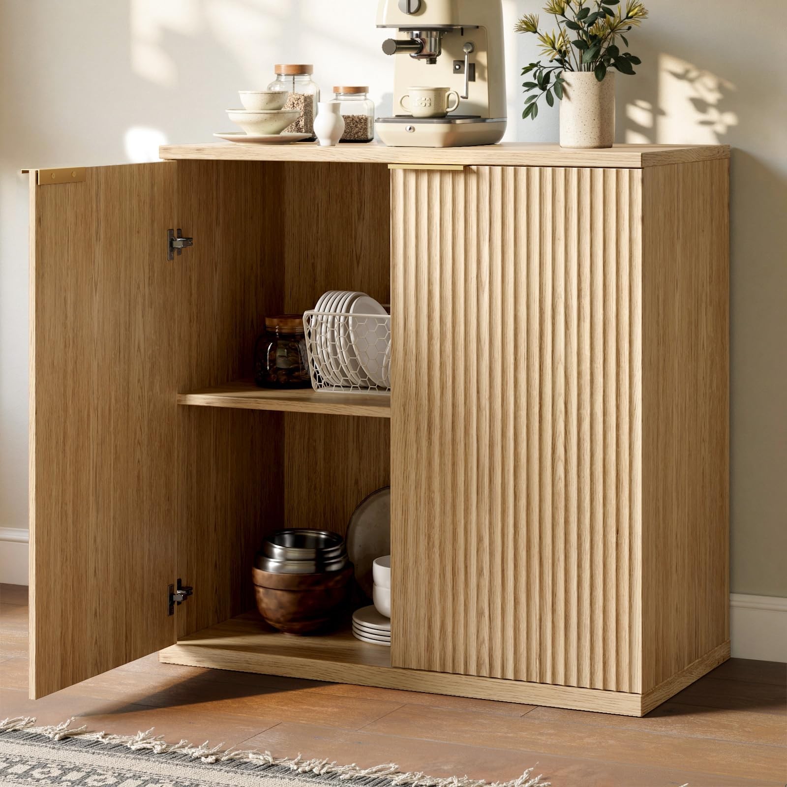 31.5" Oak Buffet Cabinet with Storage Small Sideboard Cabinet
