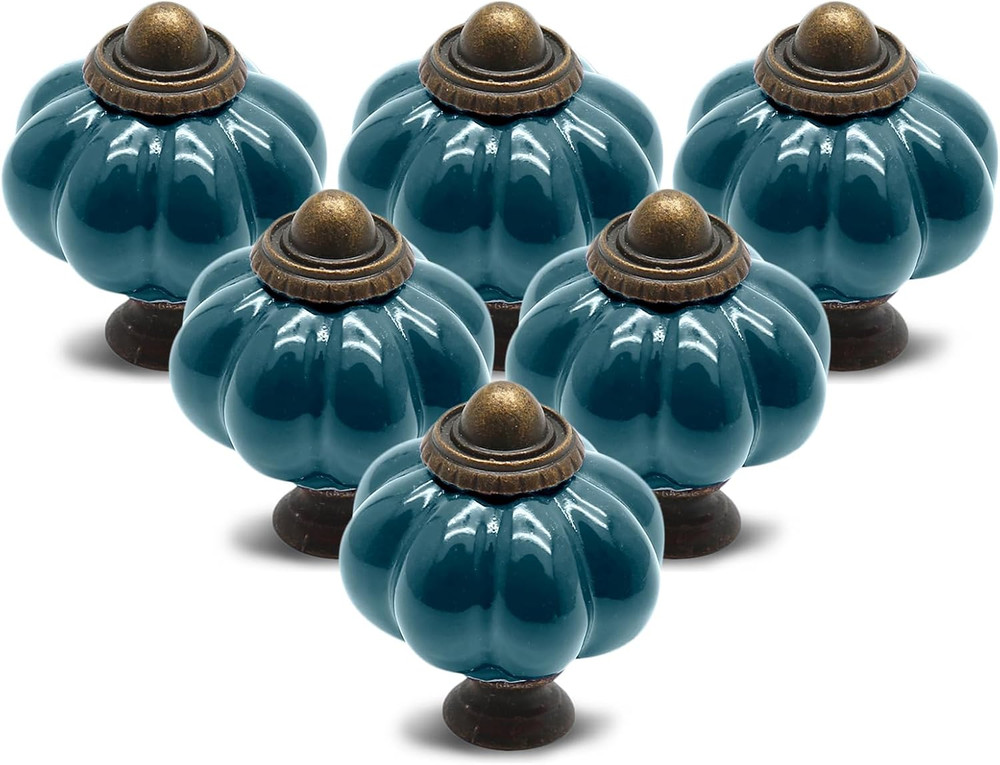 Seimneire 25Pcs Teal Pumpkin Knobs, Vintage Ceramic Cabinet Knobs, Dresser Knob
