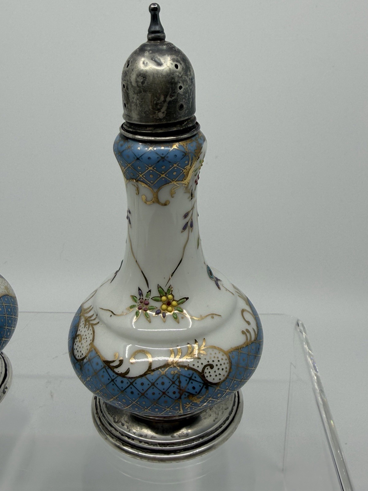 Antique Ornate Porcelain China Salt And Pepper Shakers Sterling Silver
