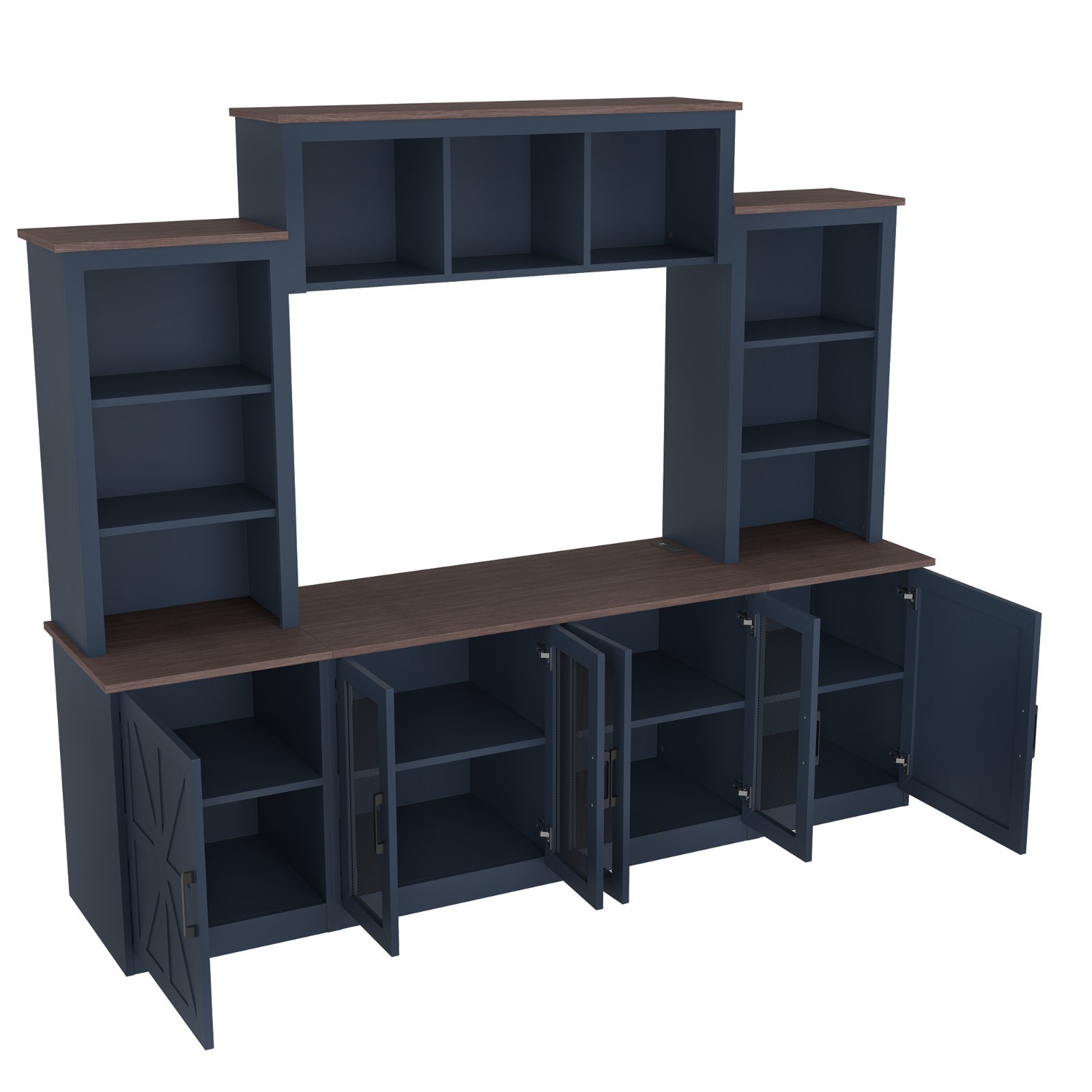 Blue Wall Unit Entertainment Center with Charging Station USB Storage TV Stand