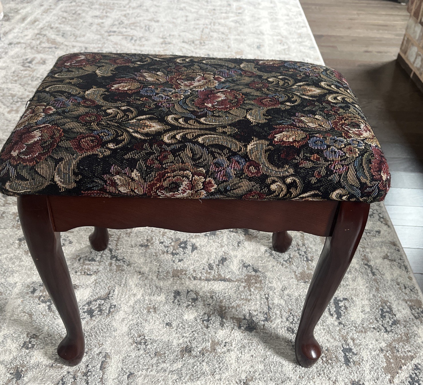 Vintage Wooden Upholstered Footstool Floral Tapestry Brown Stool