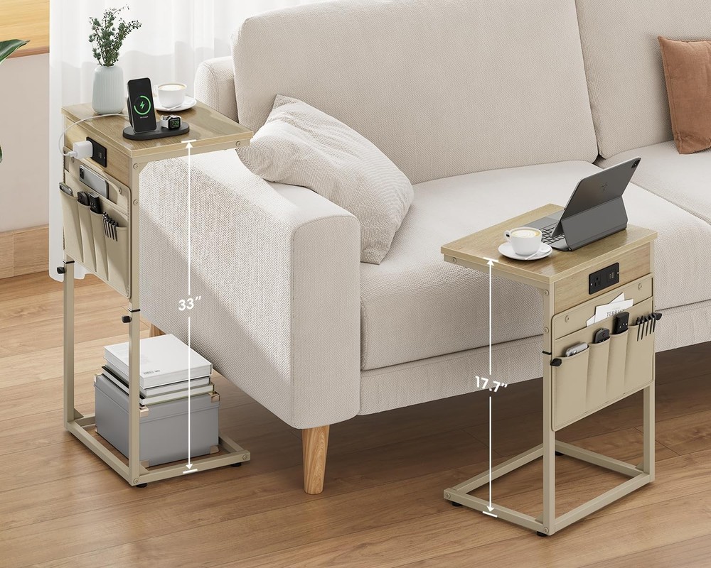 C Shaped End Table W/ Charging Station 33" Tall Side Table Couch Sofa Table