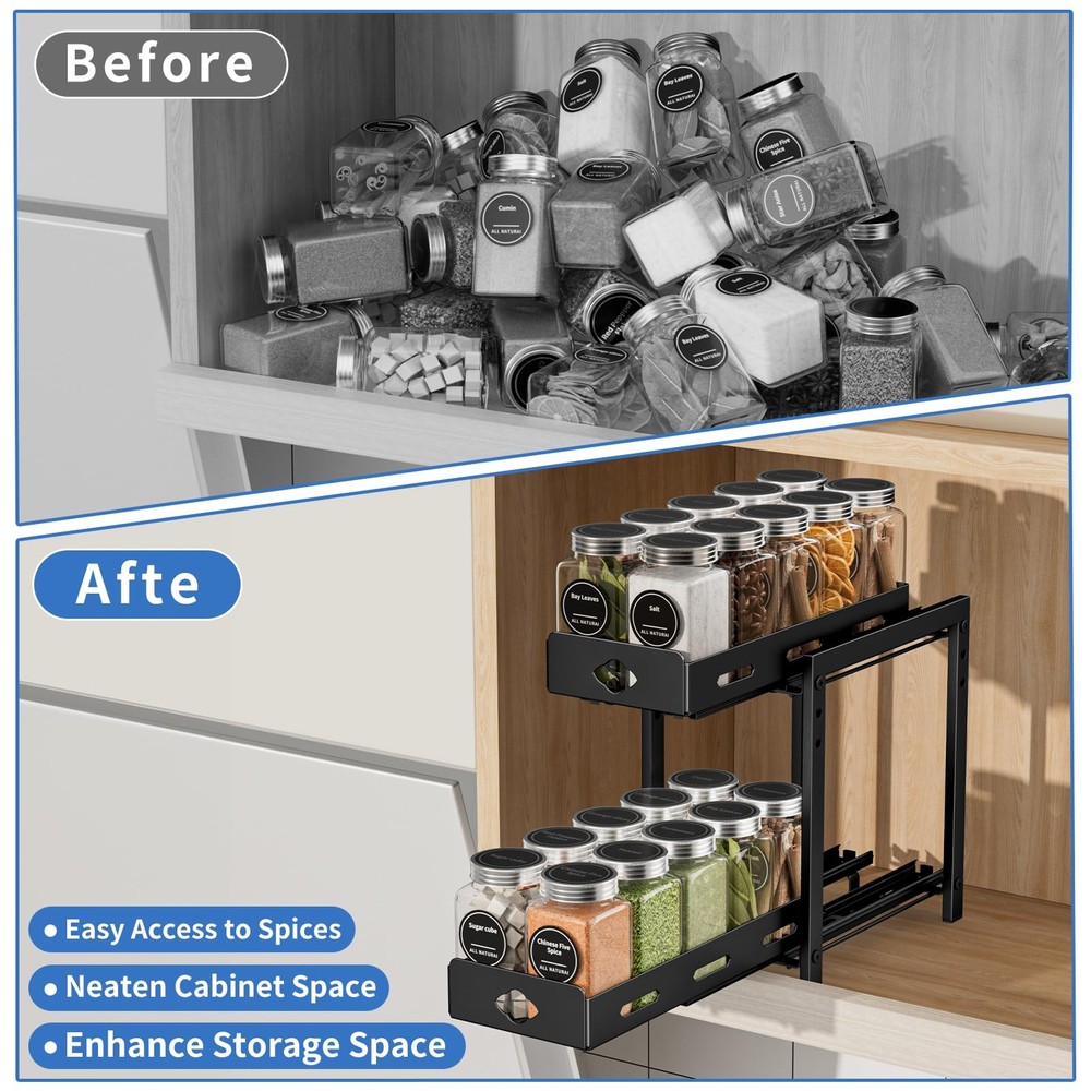 BOIVSHI Pull Out Spice Rack Organizer 2-Tier Vertical Adjustable Metal Black