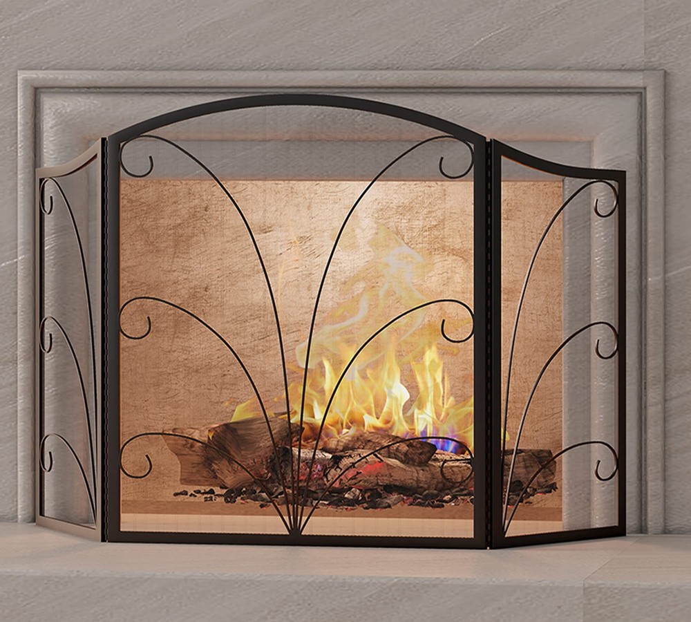 Kingson 3-Panel Arched Fireplace Screen Decorative, Handcrafted Scroll Wrough...