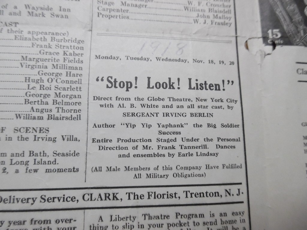 1918 Camp Dix Liberty Theatre Program Sergeant Irving Berlin's Stop Look Listen