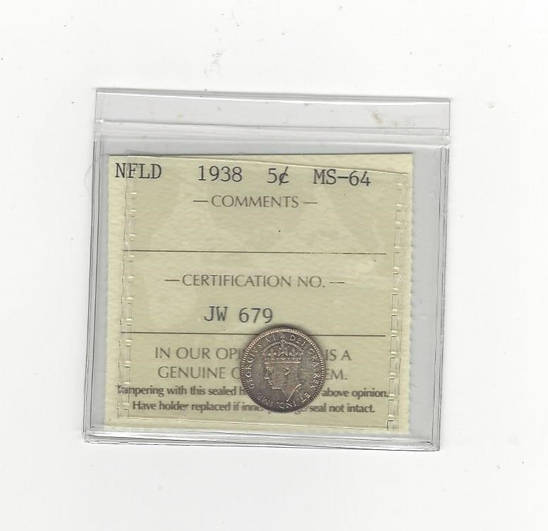 1938  ICCS Graded Newfoundland,  5  Cent, **MS-64**
