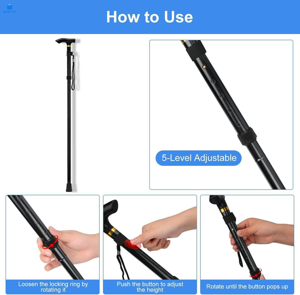 supregear Folding Cane, 5-Level Adjustable Height Walking Stick Black