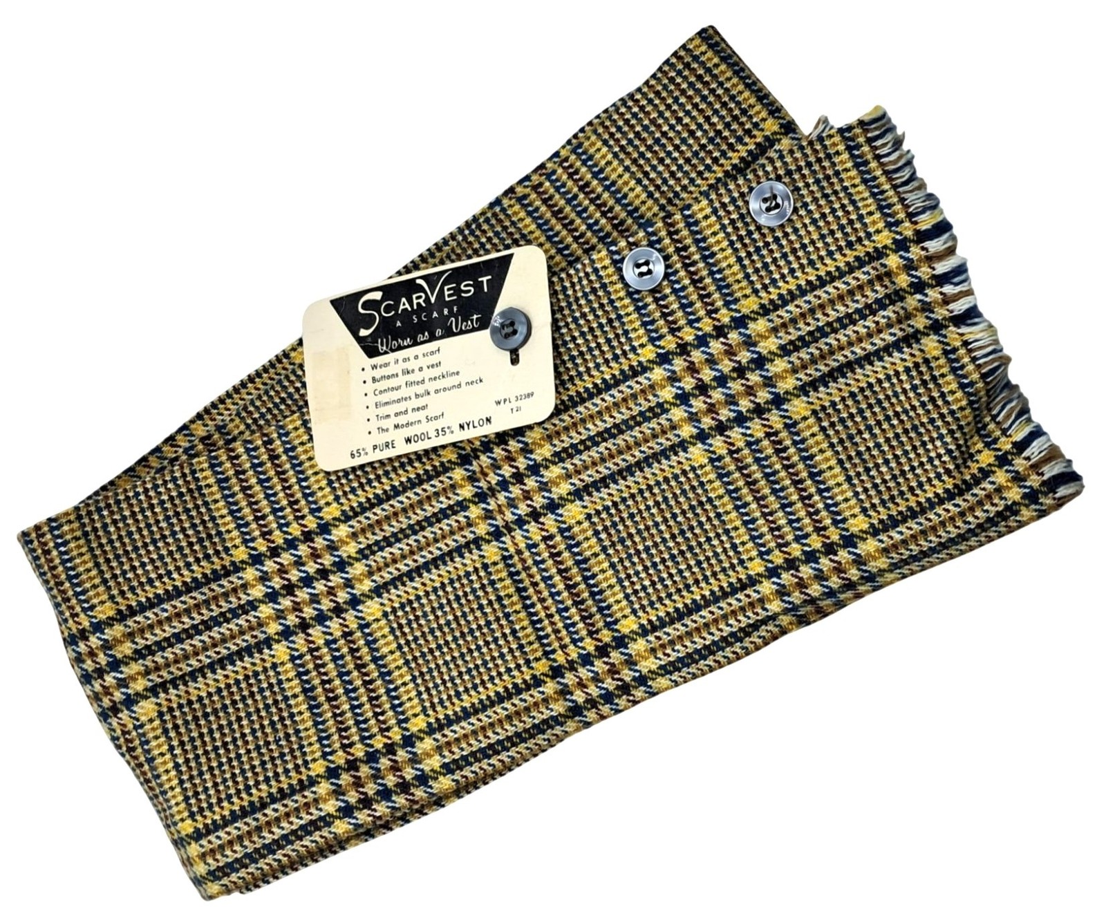 Vintage Scarvest Wool Nylon Plaid Scarf Vest Convertible Accessory Multi Button