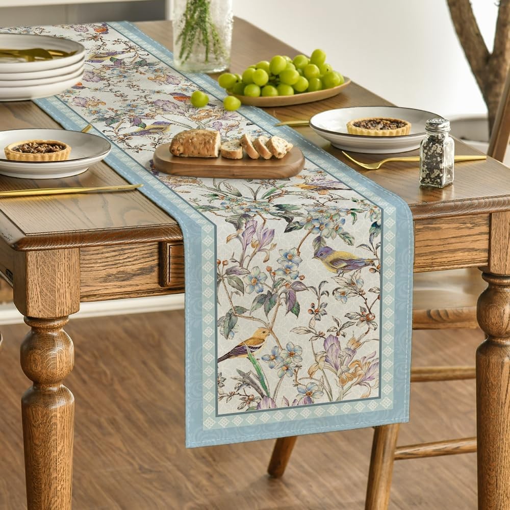 Artoid Mode Blue Birds Flowers Blossom Table Runner, Seasonal Spring Floral Kitc