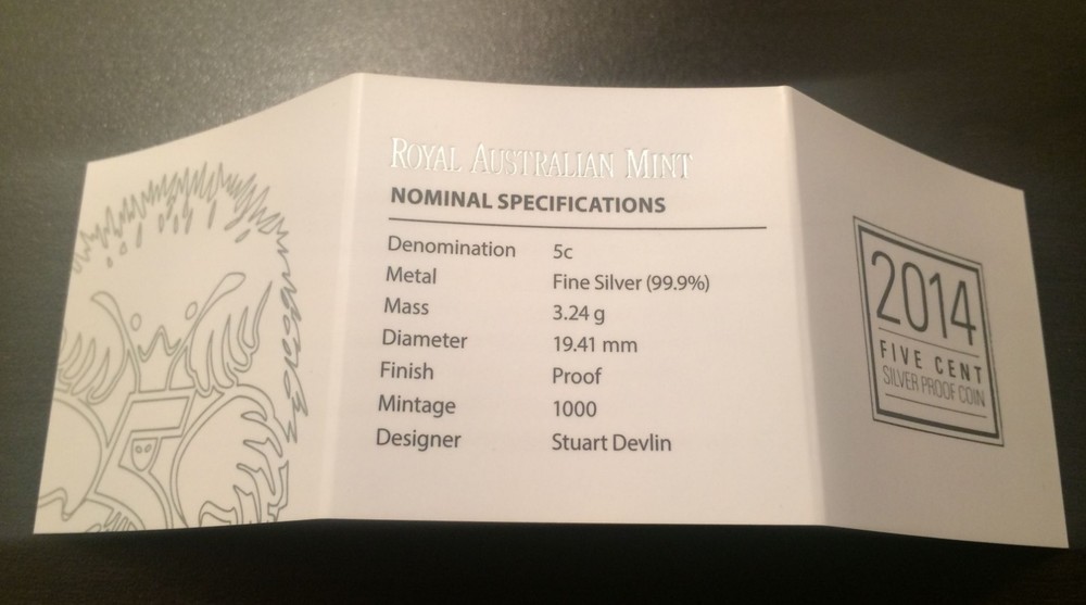 2014 Australia 5 cent Echidna by Devlin Fine Silver Proof coin in RAM Package
