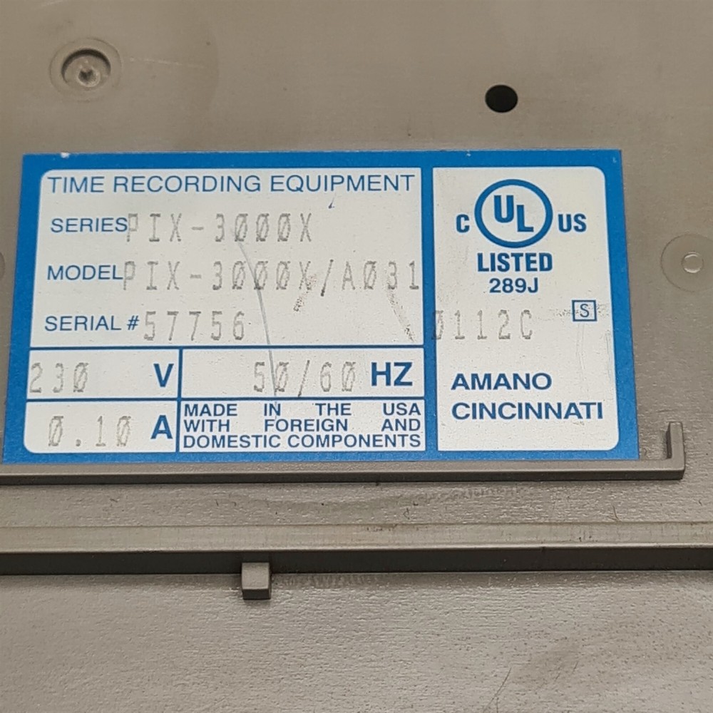 Amano PIX3000x Electronic Side Loading Time Clock. Made in USA