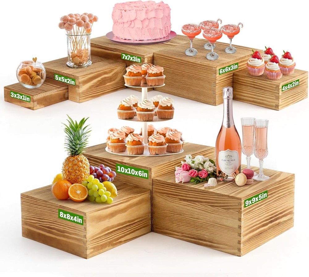 8-Pack Pine Wood Buffet Risers Multi-Size Nesting Cube Food Display Stands
