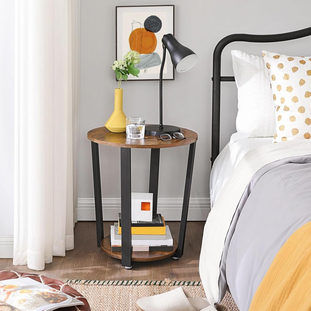 Round Side End Table 2-Tier Accent Bedside Table W/ Storage Shelf Easy Assembly