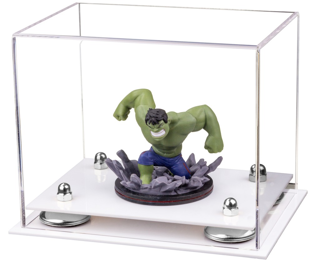 Versatile Clear Display Case-Rectangle Box w/ Silver Risers & White Base (A003)