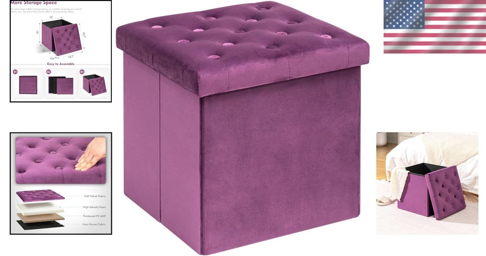 Elegant Purple Velvet Ottoman Cube - Multi-Functional Folding Storage Solution