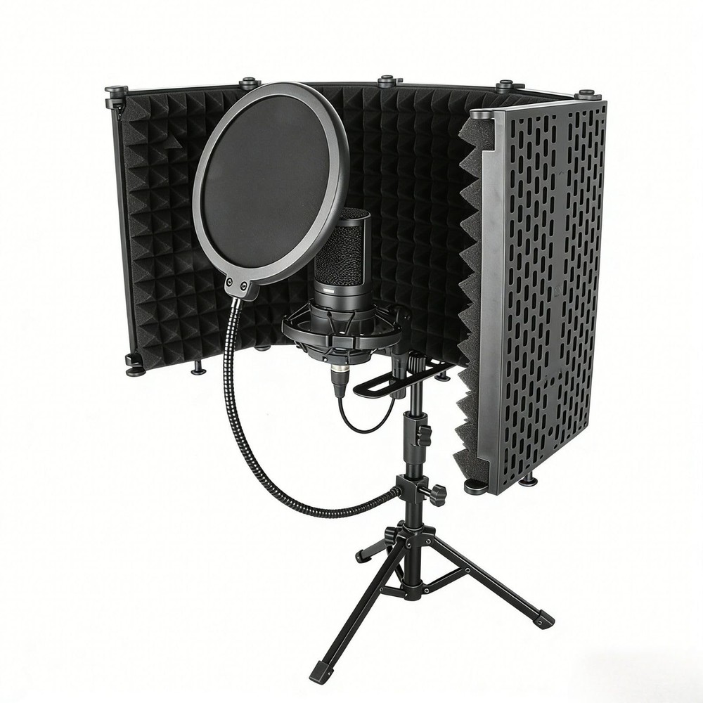 Microphone Isolation Shield 5 Panel Pop Filter Tripod Stand Studio Black