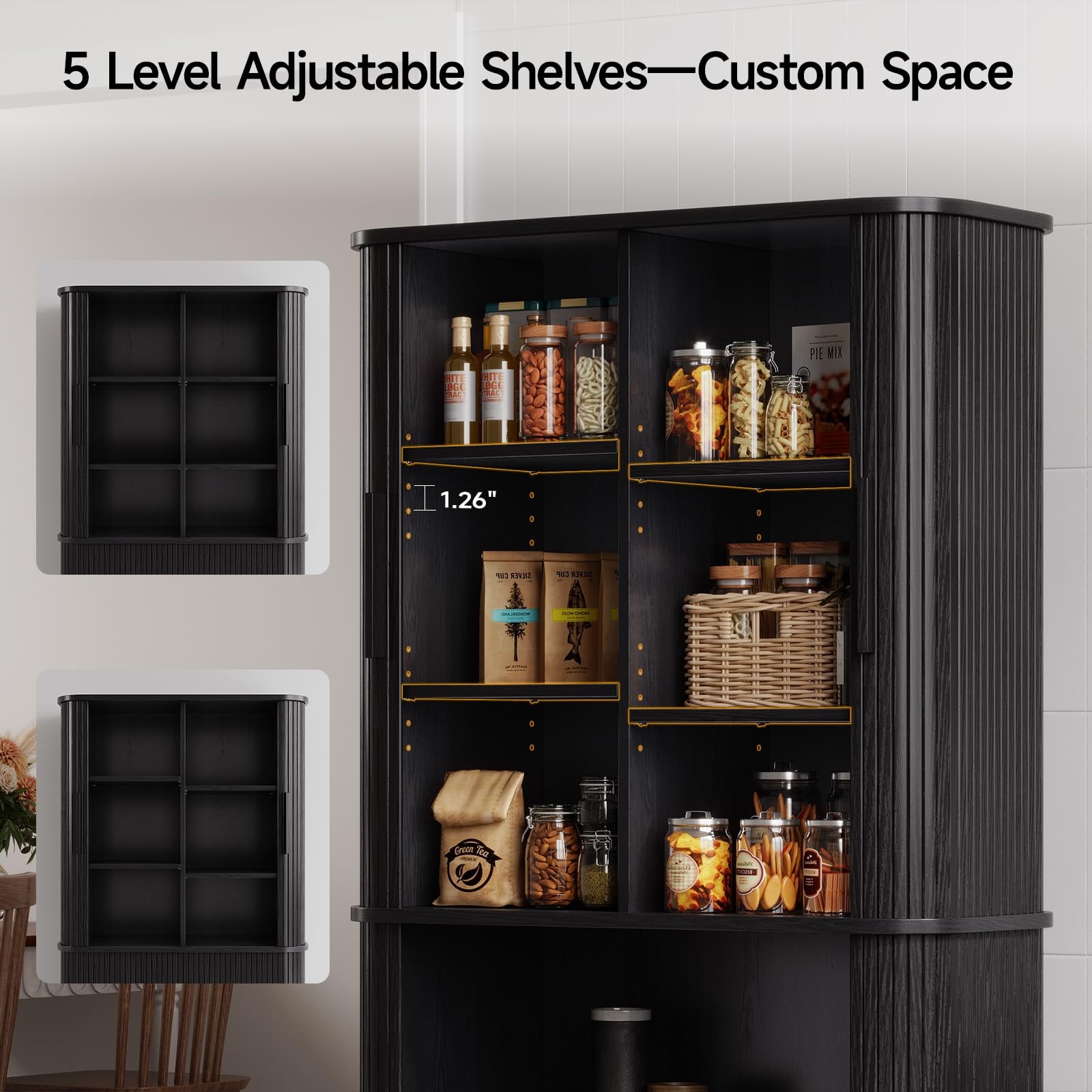 71" Fluted Kitchen Pantry Cabinet, Tall Storage Cabinet (Black)