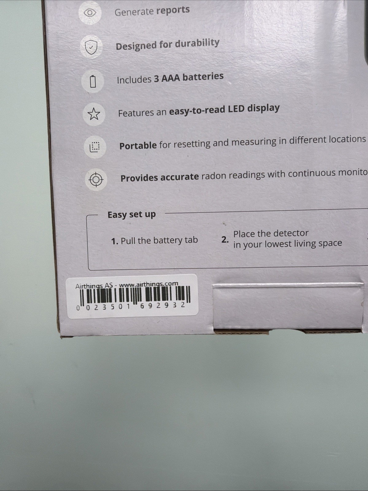 Airthings Battery Operated Digital Radon Detector 2350