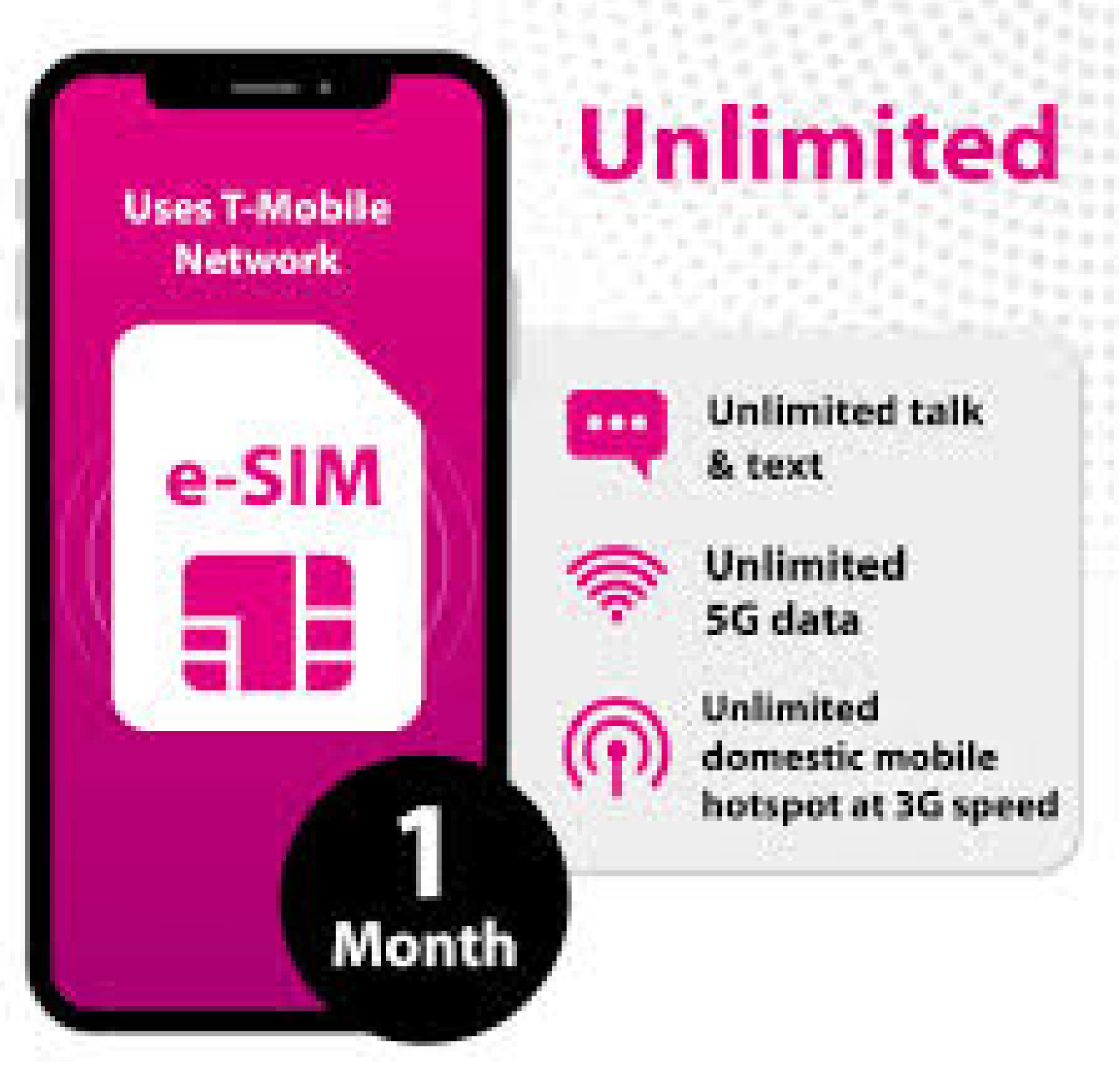 T-Mobile 30 Days Service Unlimited Talk,Text,Data, ESIM Instant Activation