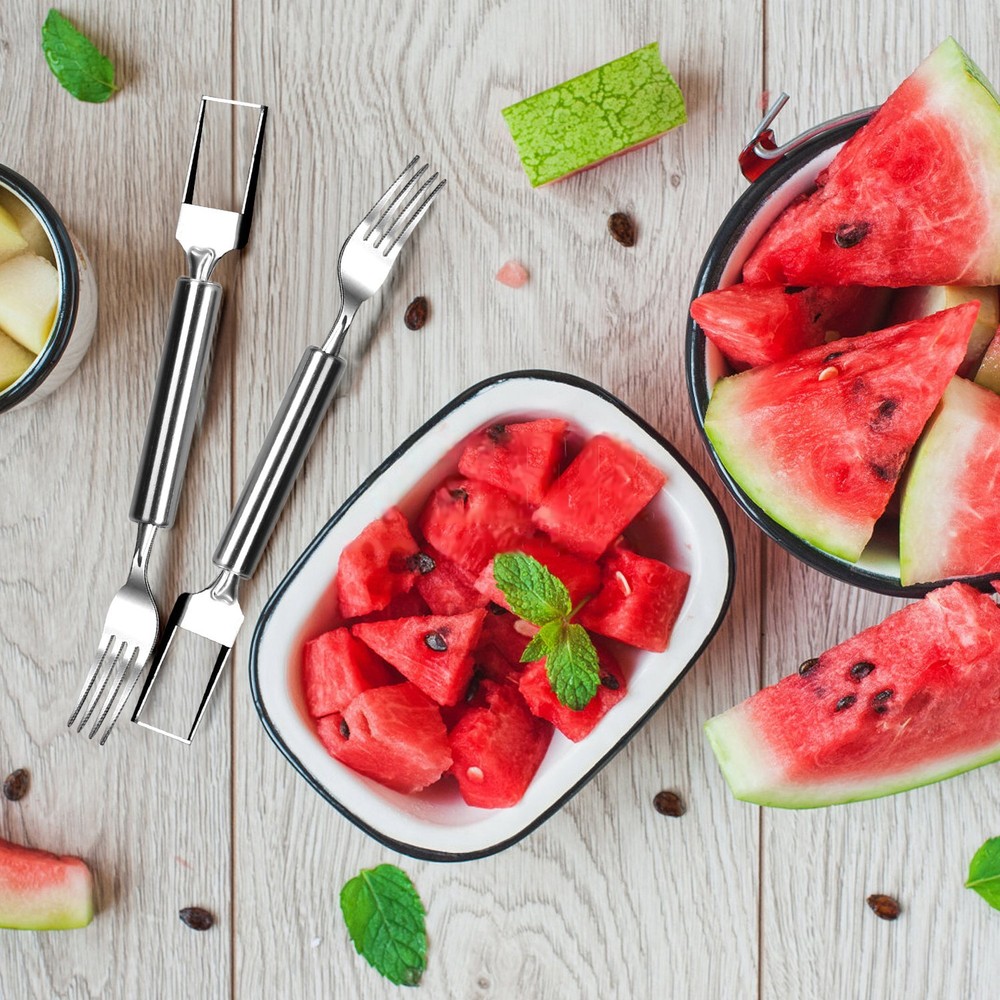 5Pc Stainless Watermelon Cutter Slicer Fork Kitchen Fruit Cutting Fork-Dual Head