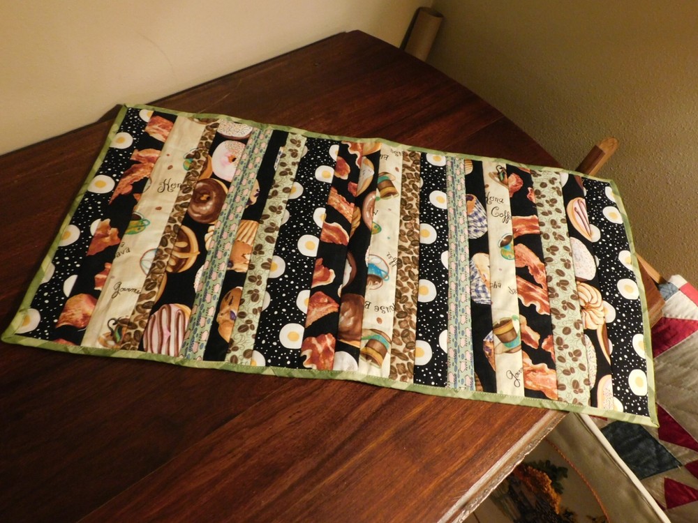 Breakfast Handmade Quilt Panel Table Runner Pieced Strips Coffee Eggs Bacon