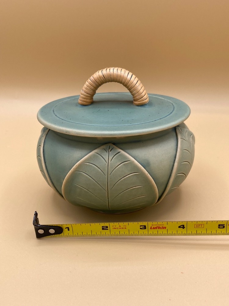Lidded Ceramic Jar w/Rattan Crafted Handle Leaf Pattern