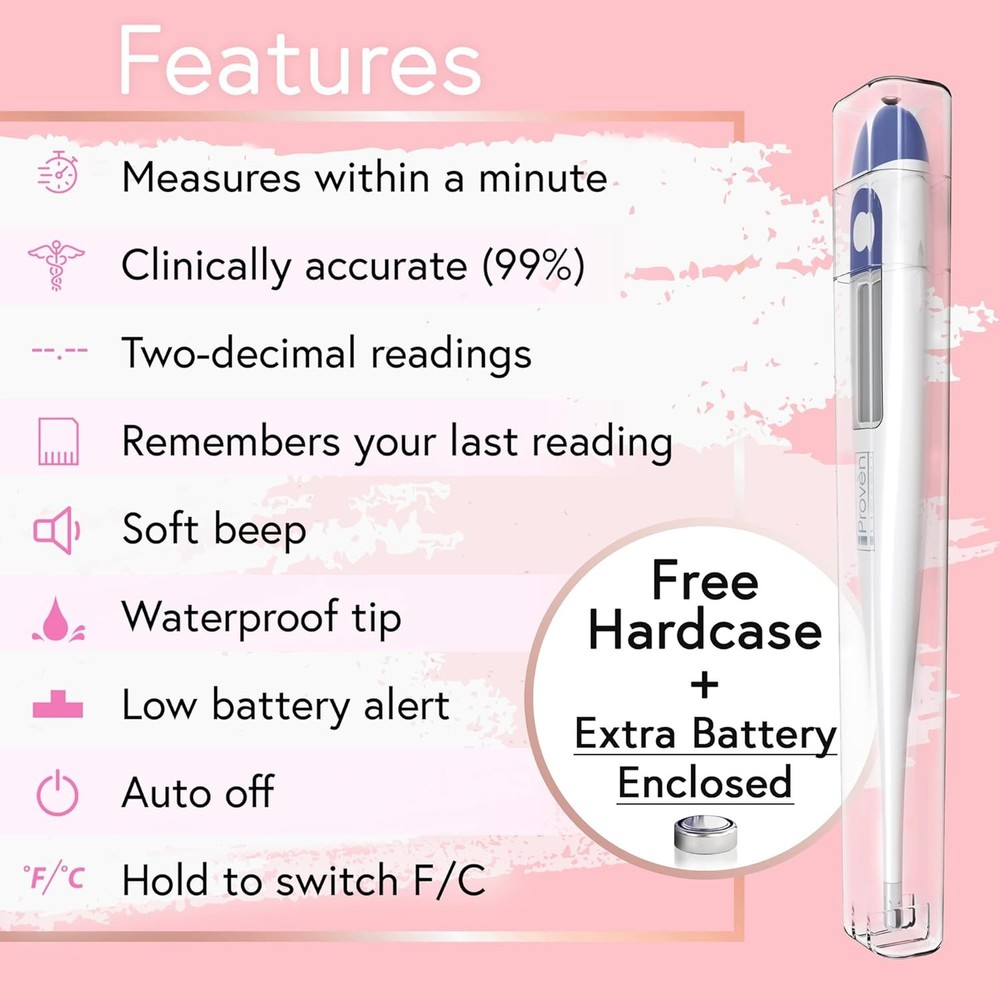 Digital Basal Body Thermometer, 1/100th Degree High Precision, Quick 60-Sec