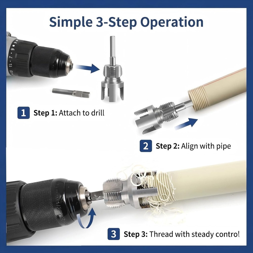 PVC Pipe Threader Set (1/2", 3/4", 1"), Pipe Threading Tool Attachment for Drill