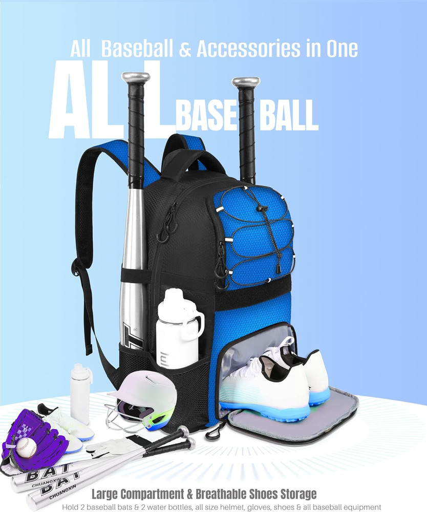 Softball Bag, Lightweight Baseball Backpack with Shoes Compartment, Baseball Bat