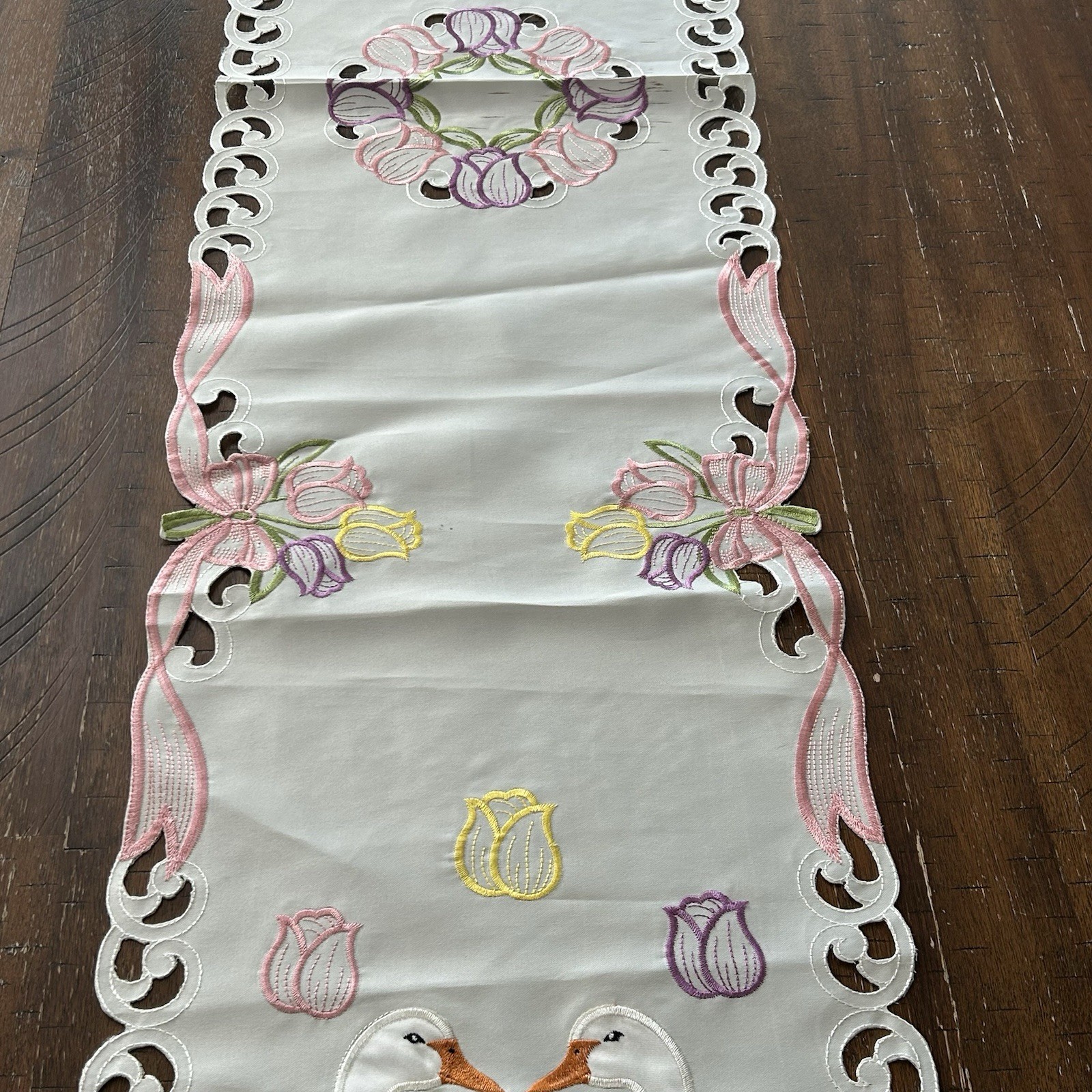 Spring Table Runner 68” Geese Embroidered Tulips Outwork Pink Bows