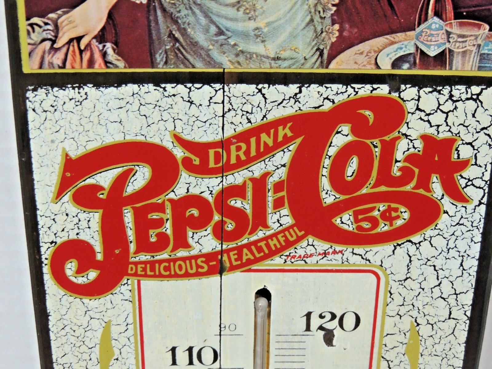 VINTAGE 1973 PEPSI COLA WOODEN ADVERTISING THERMOMETER FANCY LADY in BAR, WORKS!