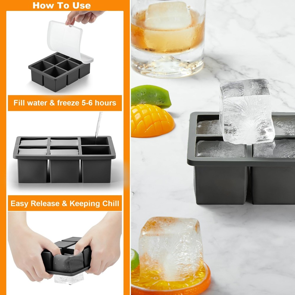 Large Ice Cube Molds Tray with Lid, Stackable Big Silicone Square Ice Cube Mold