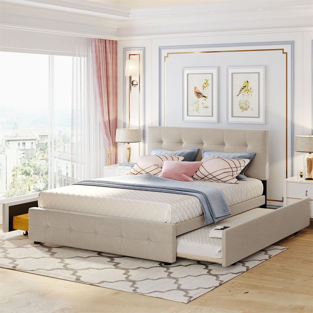 Queen Size Bed Frame Upholstered Platform Bed with Pull-Out Trundle & 2 Drawer