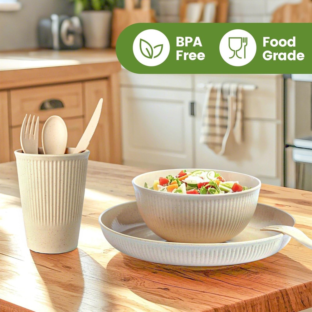 36-Piece Reusable Wheat Straw Dinnerware Sets Dinnerware, Beige