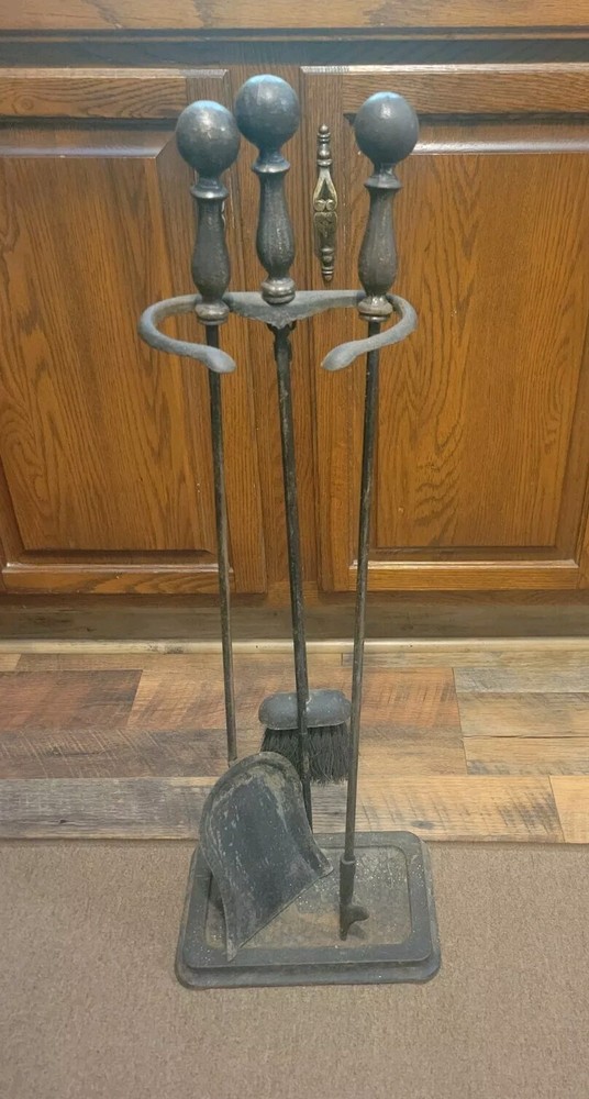 Vintage Antique Solid Brass Hand Forged Fireplace 3 Tools with Stand Set