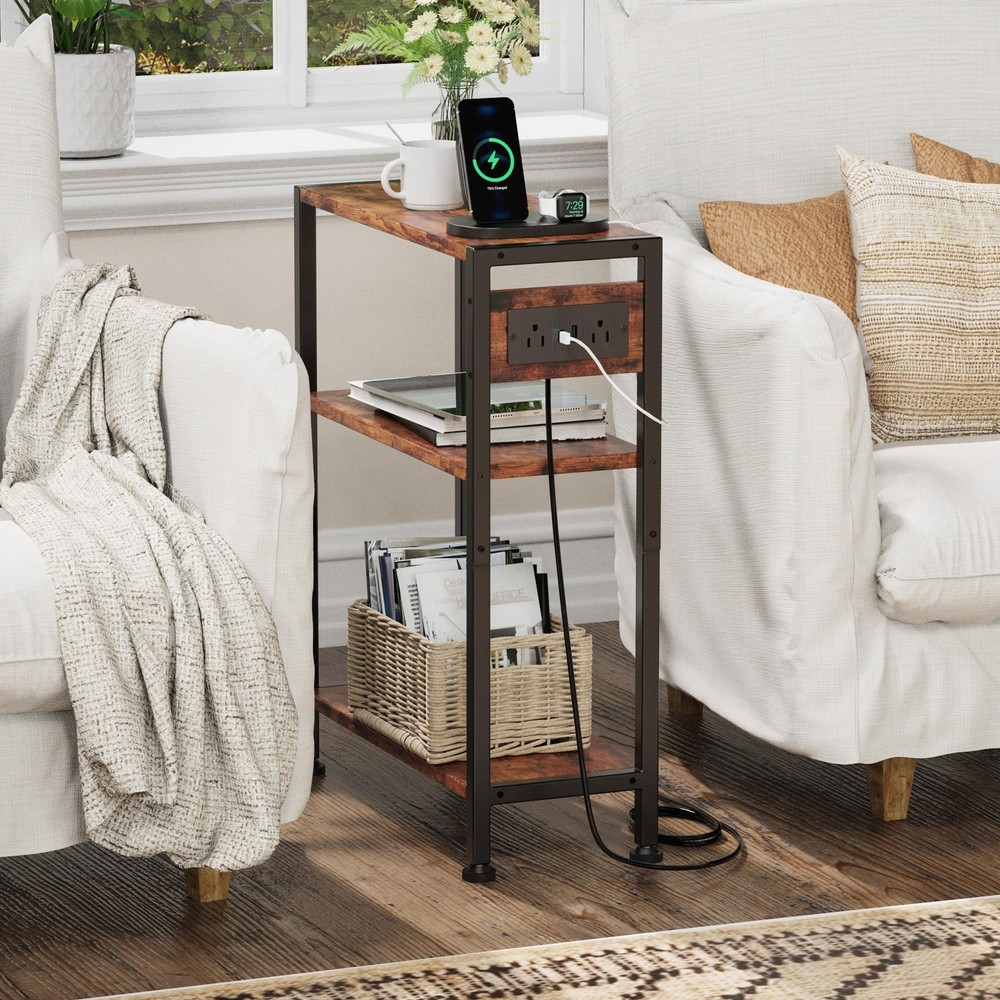 End Table Charging Station 3-Tier Side Table USB Ports Outlets Slim Rustic