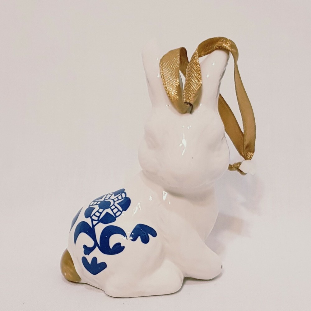 White Rabbit Blue Flower Ornament 3" Bunny Easter Ceramic