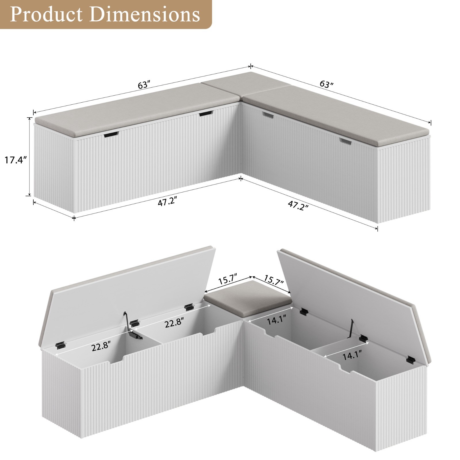 L-Shaped Storage Bench, Kitchen Breakfast Nook with Cushion & Hidden Storage