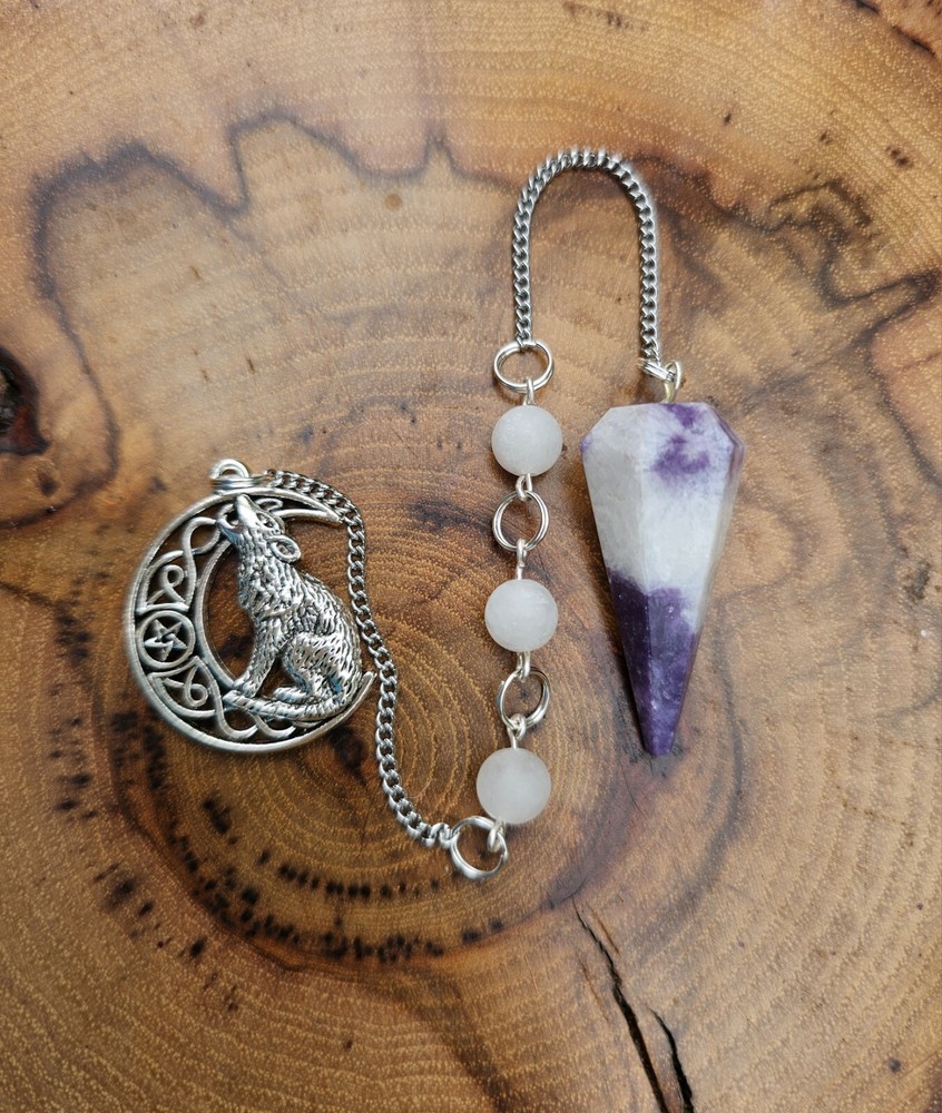 Lepidolite Pendulum With White Jade Beads And Wolf Moon Charm