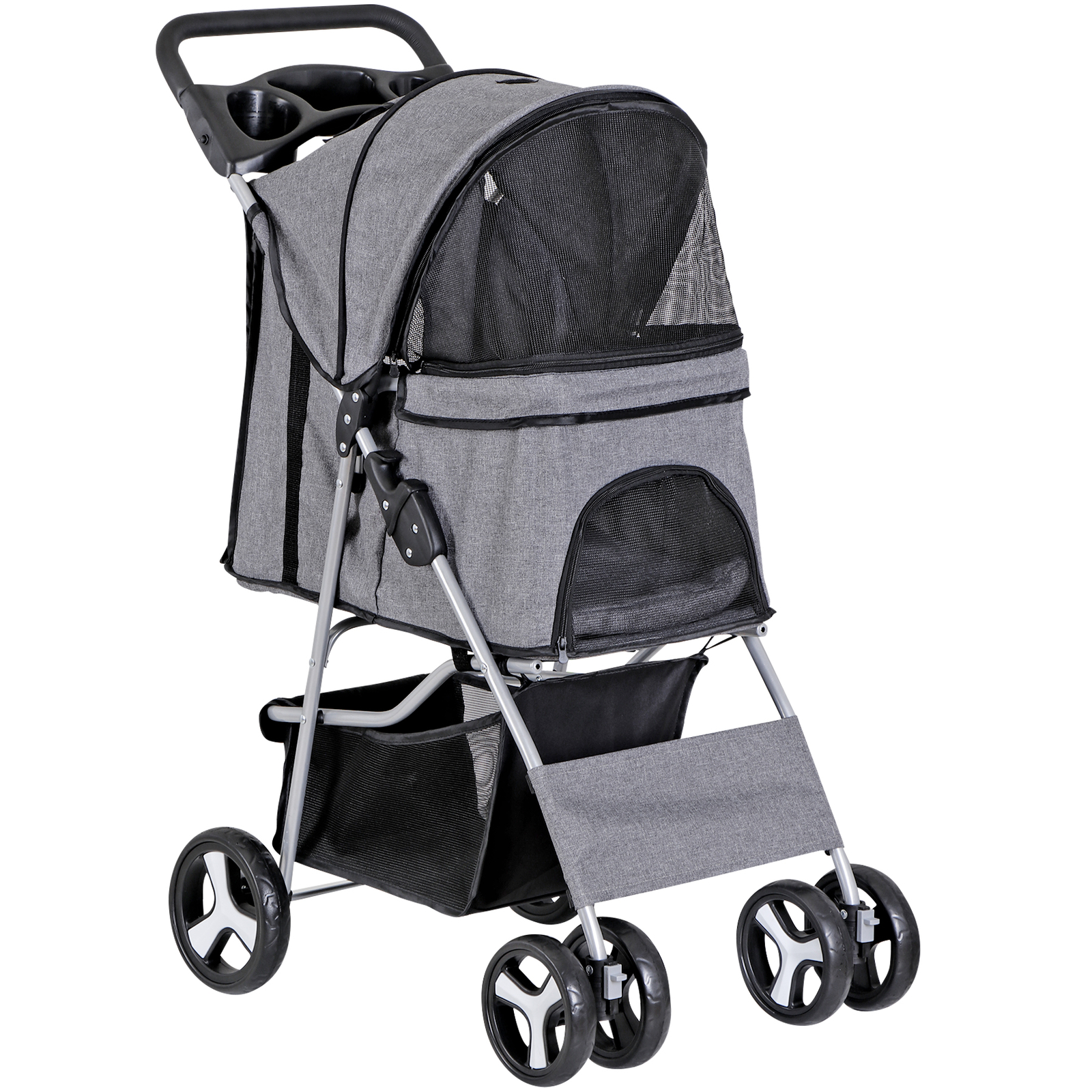 4-Wheels Pet Stroller Dog Stroller Foldable Cat Carrier Jogger w/Cup Holder Gray