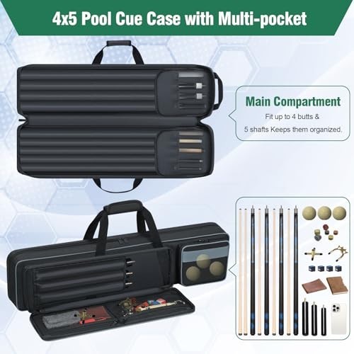 Padded Pool Cue Case 4x5, Soft Billiard Stick Bag with Multi-Pockets & Backpack