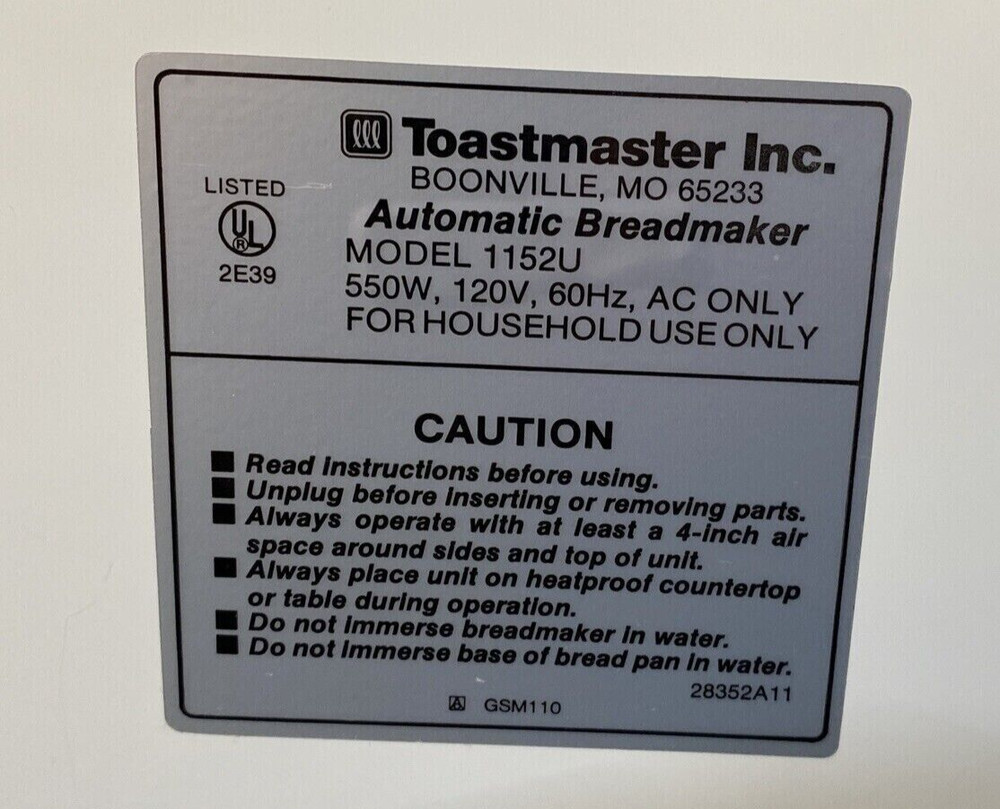 Power Cord Assembly for Toastmaster Bread Box Breadmaker Model 1152U