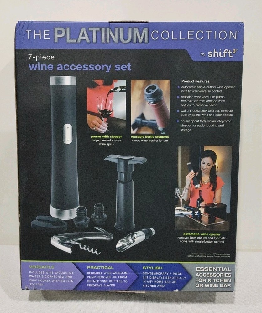 Cordless 7Pc Wine Accessory Gift Set PLATINUM Collection By Shift3