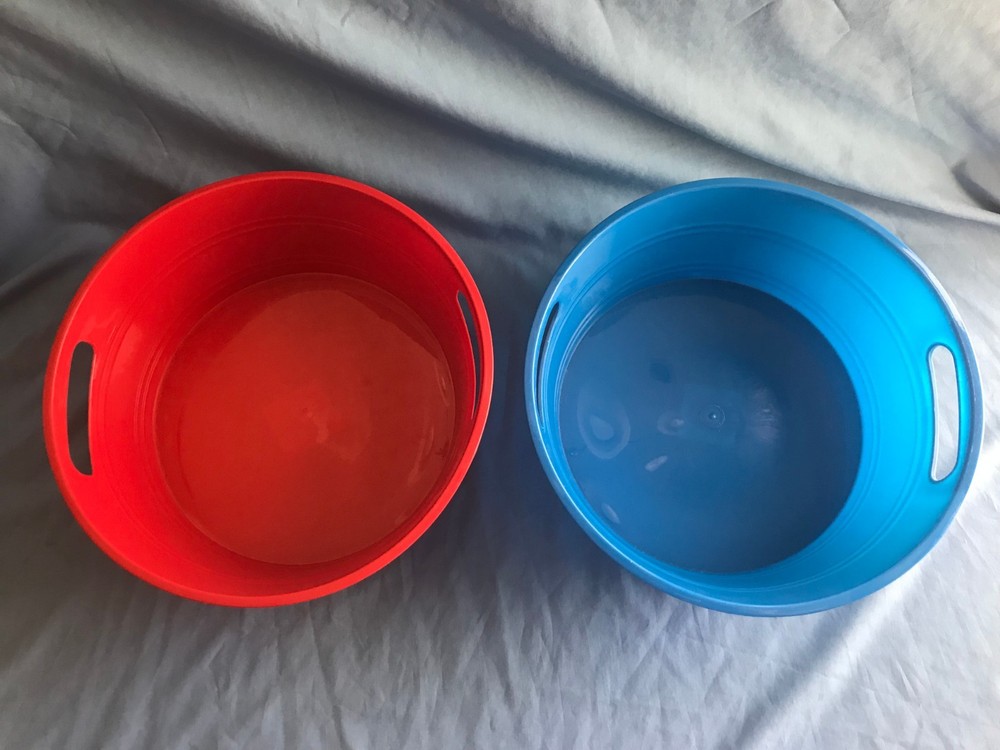 2 Blue & Red Round Plastic Storage Barrel Baskets / Bins / Pails / Buckets