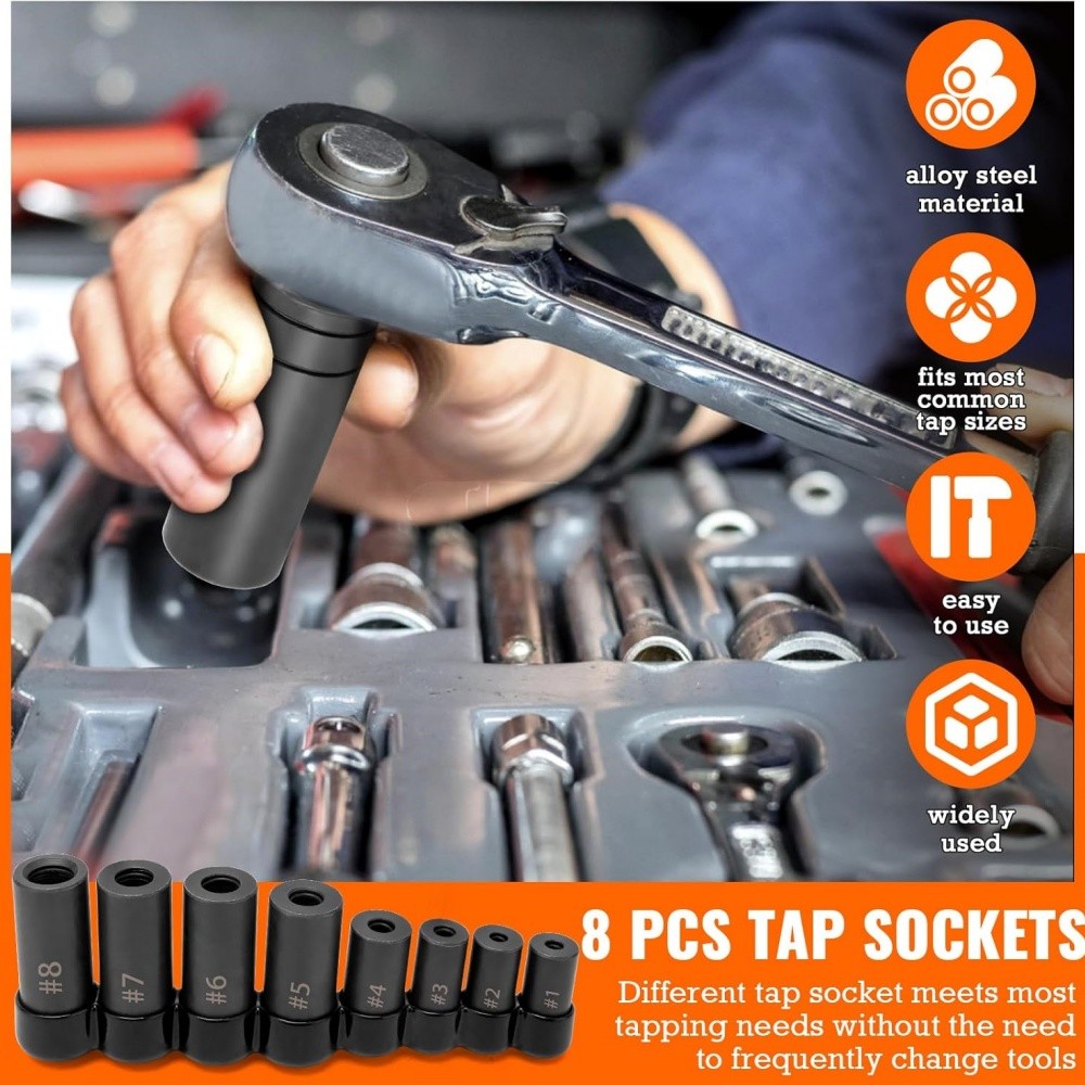 Tap Socket Set 8 Pcs/Set - Tool Corporation Prt# 70500 with Iron Holder BLACK