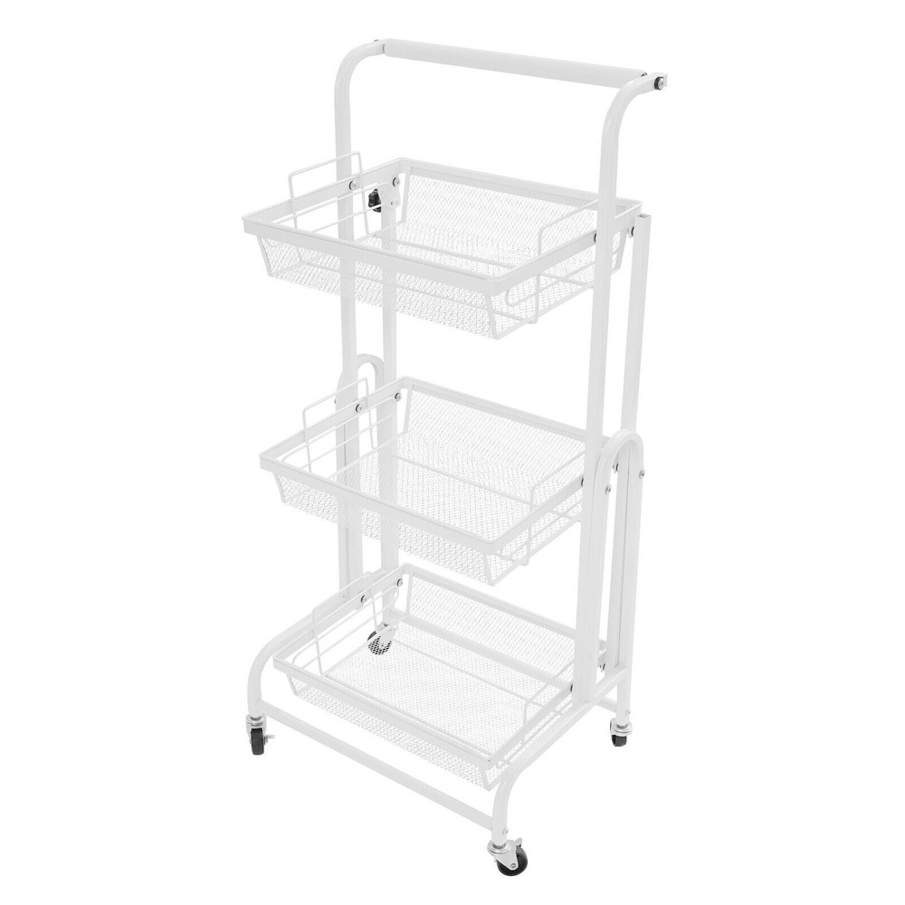 3-Tier Multi-Functional Storage Cart Metal Rolling Utility Cart White Adjustable
