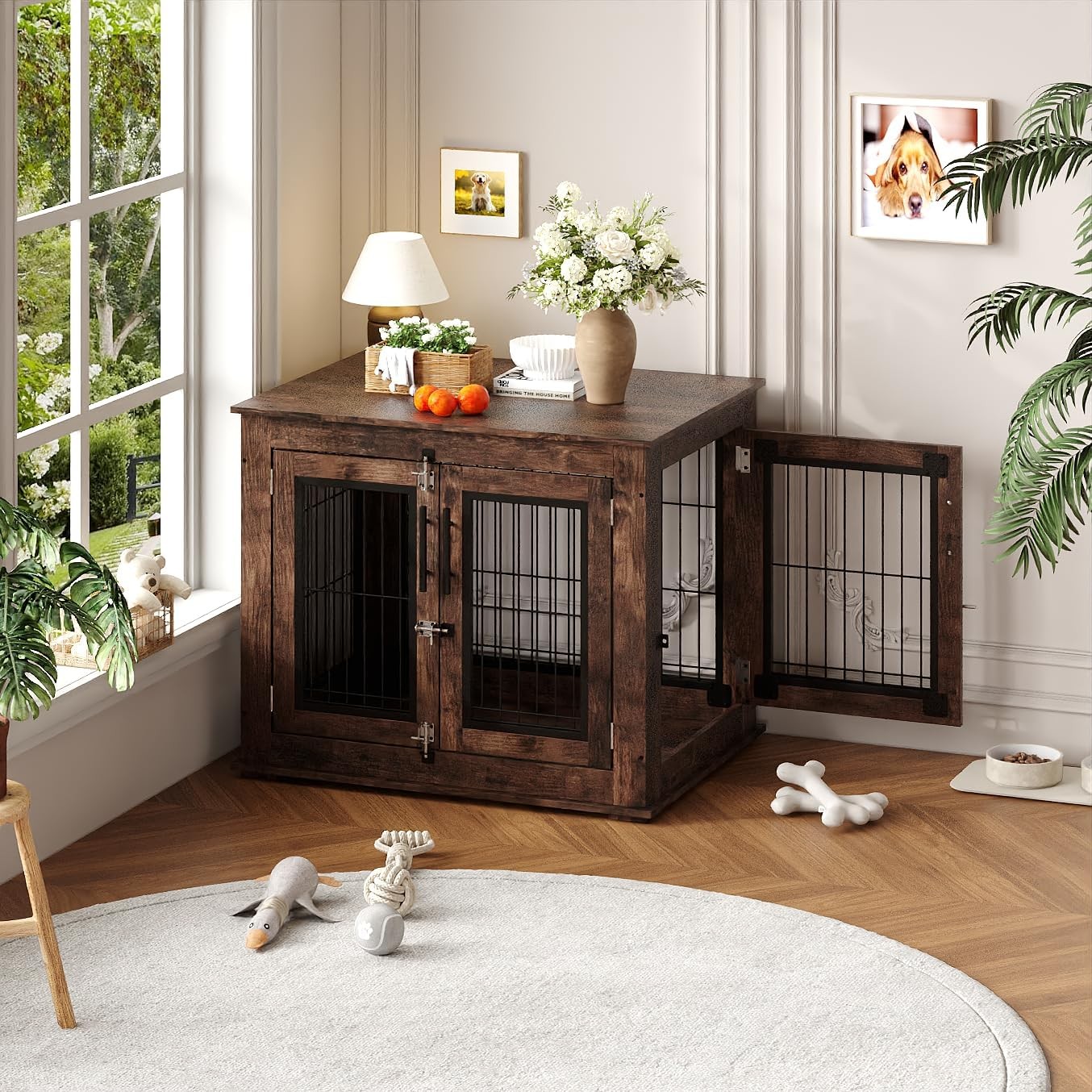 Dog Crate Furniture End Table Heavy Duty Wooden Kennel Cabinet with Double Doors